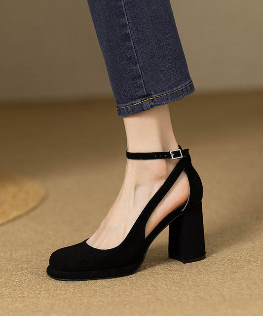 Buckle Hollow Black Heel Splicing Out Chunky Sandals Strap Suede