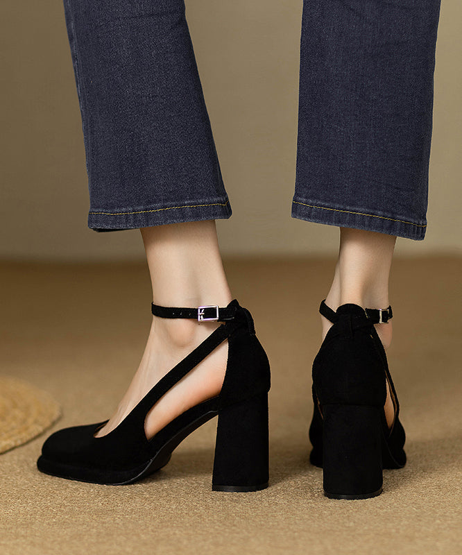 Buckle Hollow Black Heel Splicing Out Chunky Sandals Strap Suede