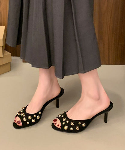 Heel High Black Splicing Suede Slide Rivet Unique Sandals