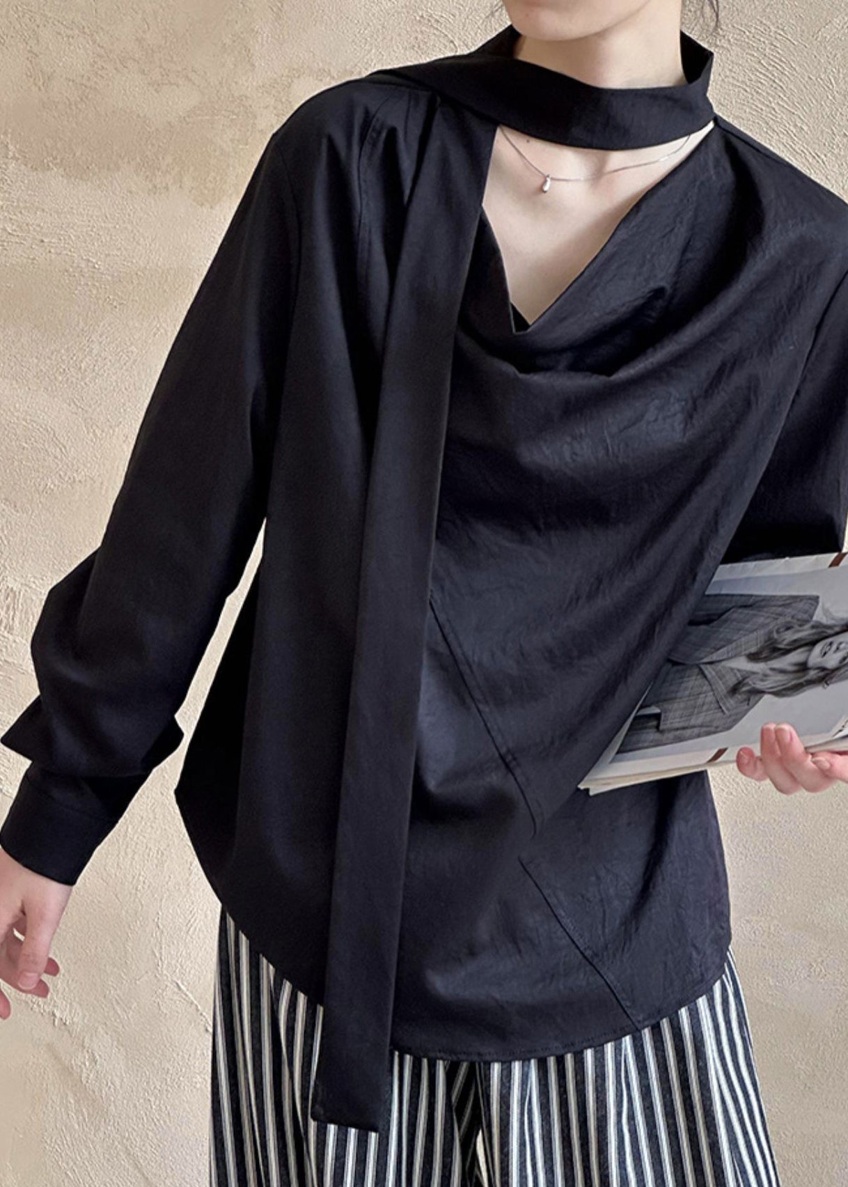 ShirtTops Long Black Sleeve Asymmetrical T