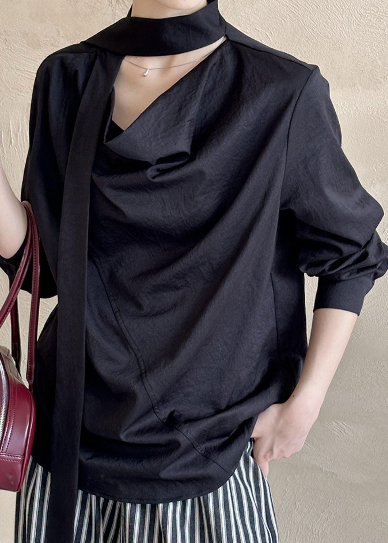 ShirtTops Long Black Sleeve Asymmetrical T
