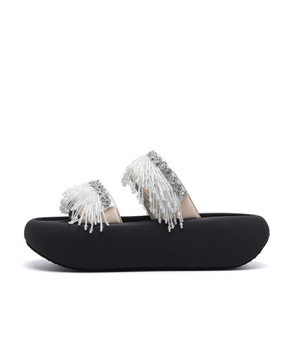 Sandals Black Slide Tassel Peep Toe Platform Splicing