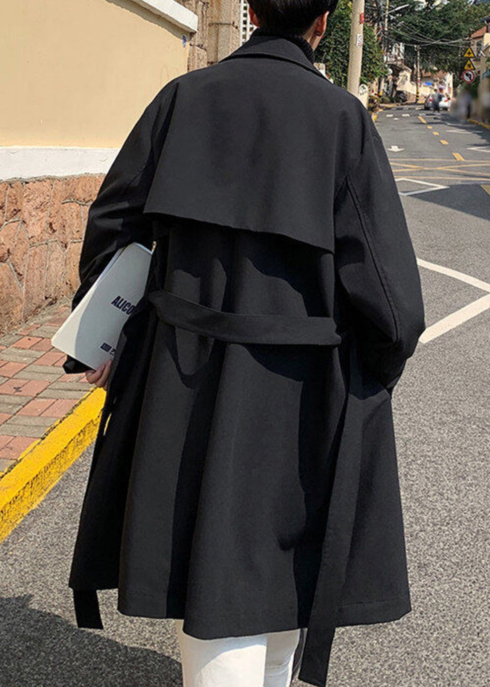 Black Tie Waist Cotton Mens Trench Coat Notched Spring YQ019