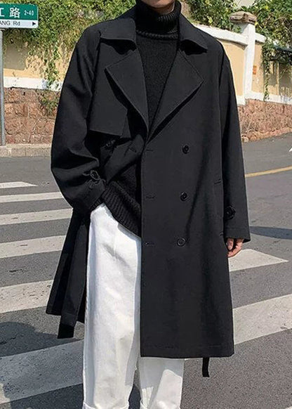 Black Tie Waist Cotton Mens Trench Coat Notched Spring YQ019