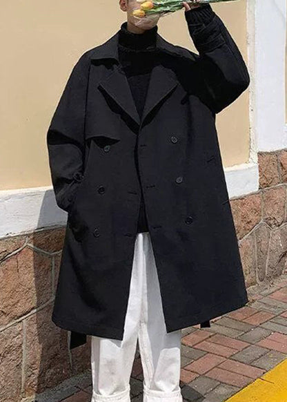 Black Tie Waist Cotton Mens Trench Coat Notched Spring YQ019