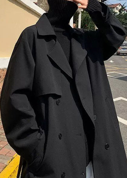 Black Tie Waist Cotton Mens Trench Coat Notched Spring YQ019