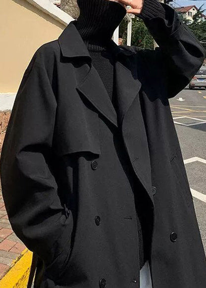 Black Tie Waist Cotton Mens Trench Coat Notched Spring YQ019