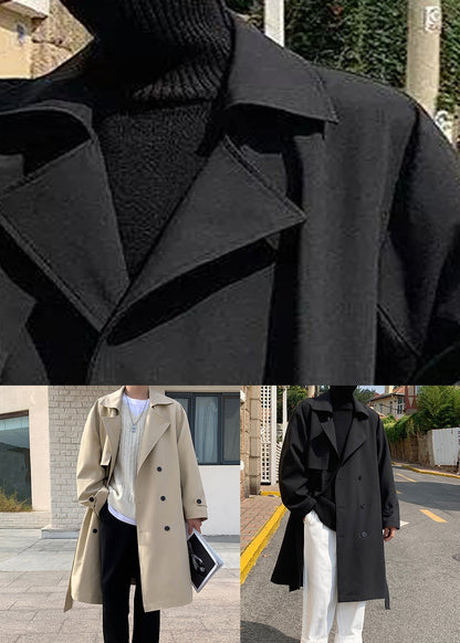 Black Tie Waist Cotton Mens Trench Coat Notched Spring YQ019