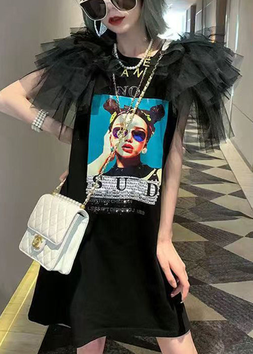 Patchwork Tulle O-Neck Summer Black T Dress Shirt Cotton