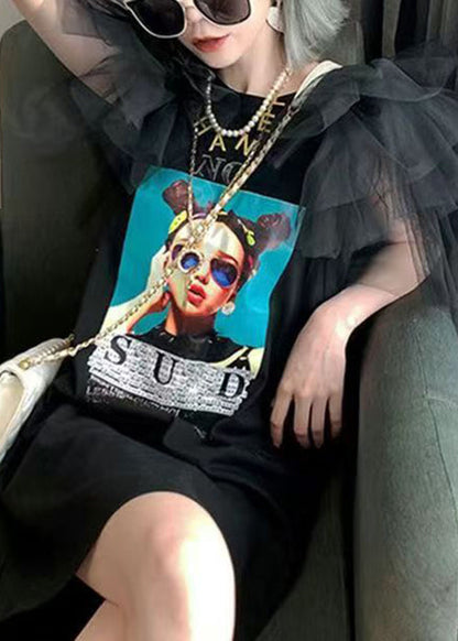 Patchwork Tulle O-Neck Summer Black T Dress Shirt Cotton