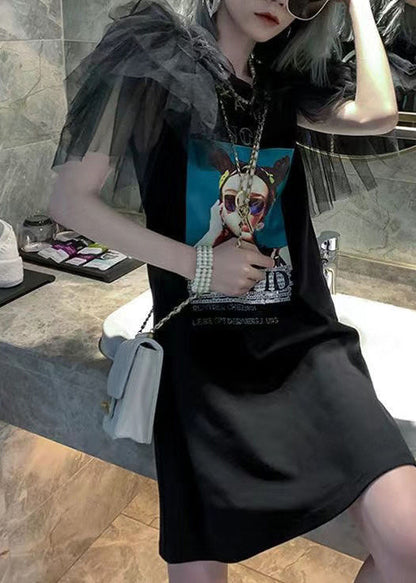 Patchwork Tulle O-Neck Summer Black T Dress Shirt Cotton