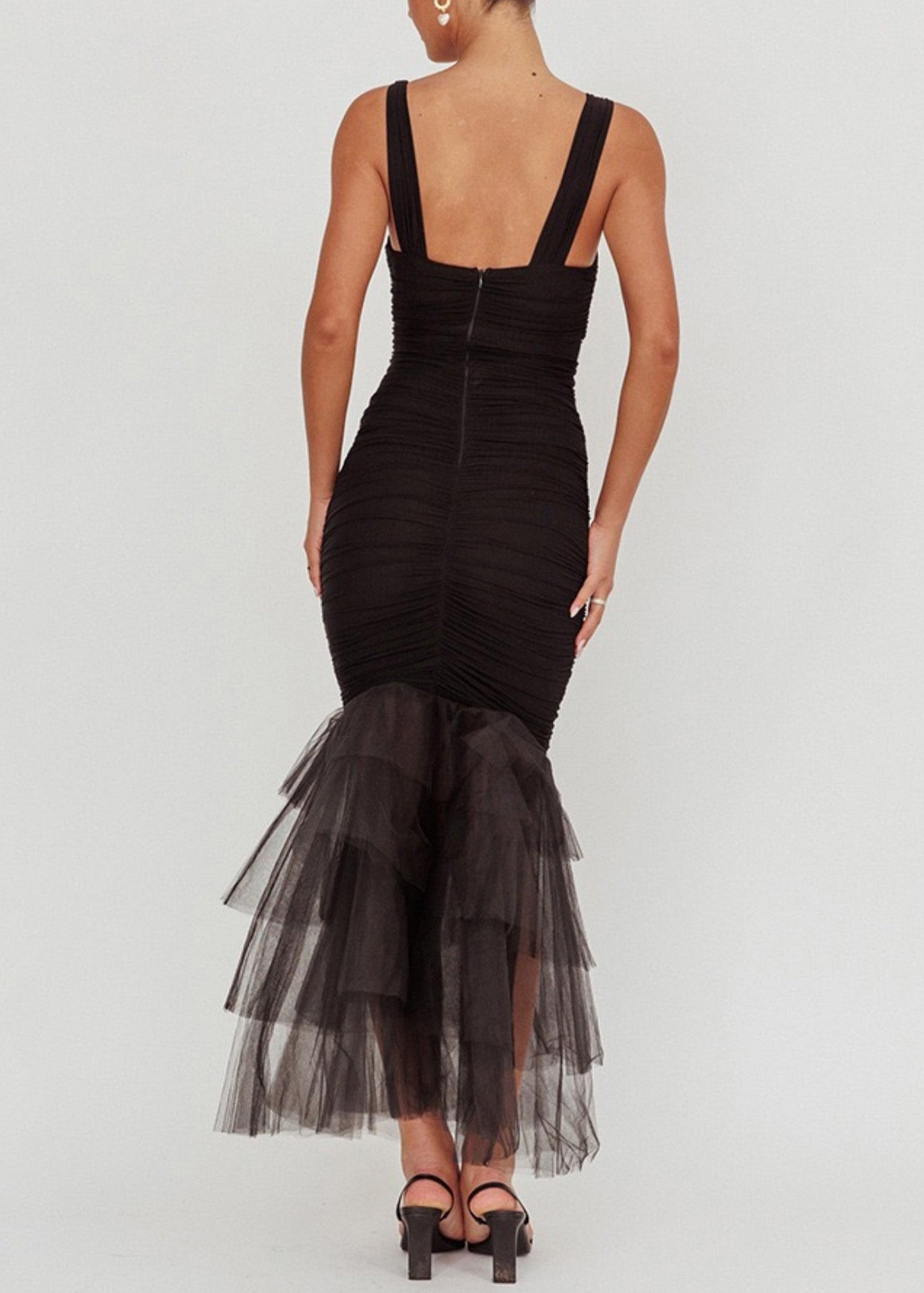 Strap Patchwork Tulle Wrinkled Summer Black Dress Spaghetti