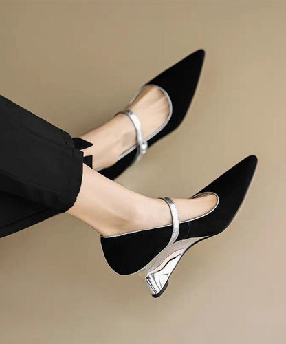 Heels Shoes Strap Black Fitted Wedge Buckle Suede Splicing