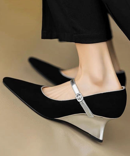 Heels Shoes Strap Black Fitted Wedge Buckle Suede Splicing