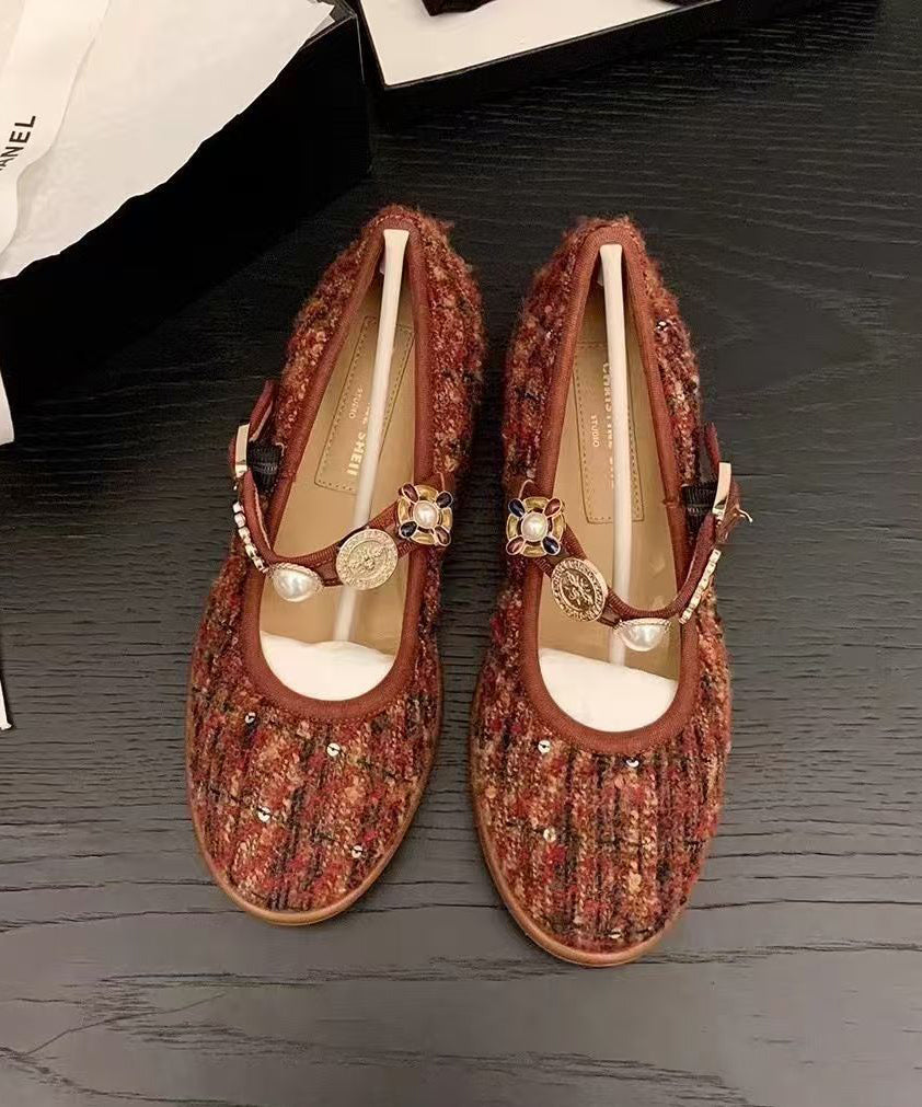 Women Buckle Black Strap Splicing Flat Woolen Shoes