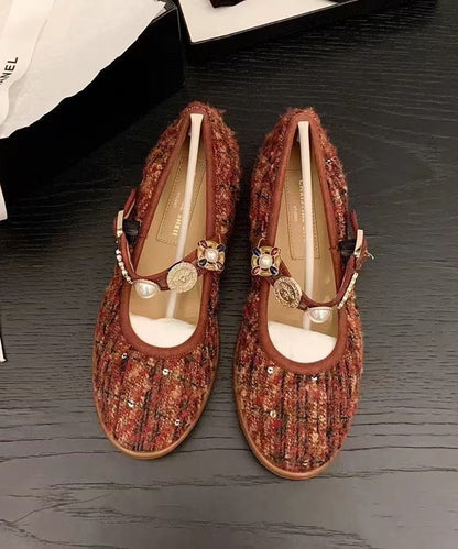 Women Buckle Black Strap Splicing Flat Woolen Shoes