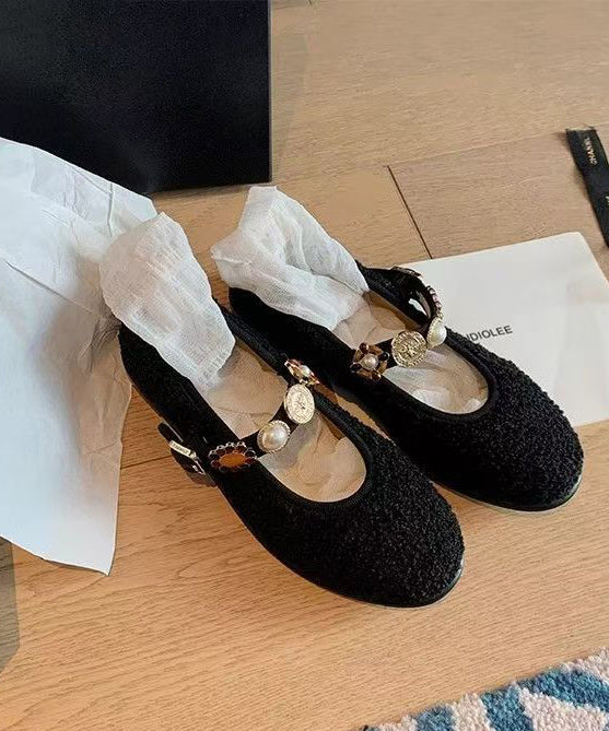 Women Buckle Black Strap Splicing Flat Woolen Shoes