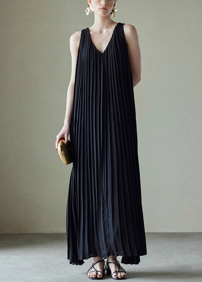 V Wrinkled Long Chiffon Summer Pockets Neck Black Dress