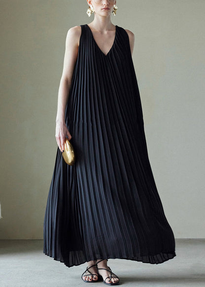 V Wrinkled Long Chiffon Summer Pockets Neck Black Dress