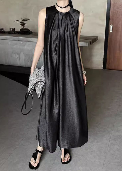 Summer Neck Dress Wrinkled O Silk Long Black