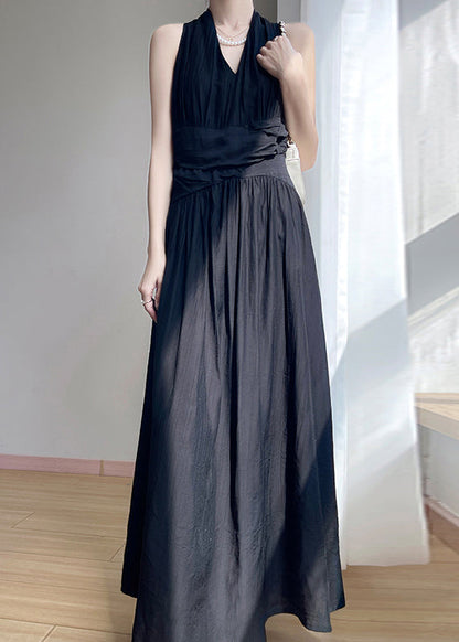 Summer Dresses Black V Neck Maxi Cotton Wrinkled Solid