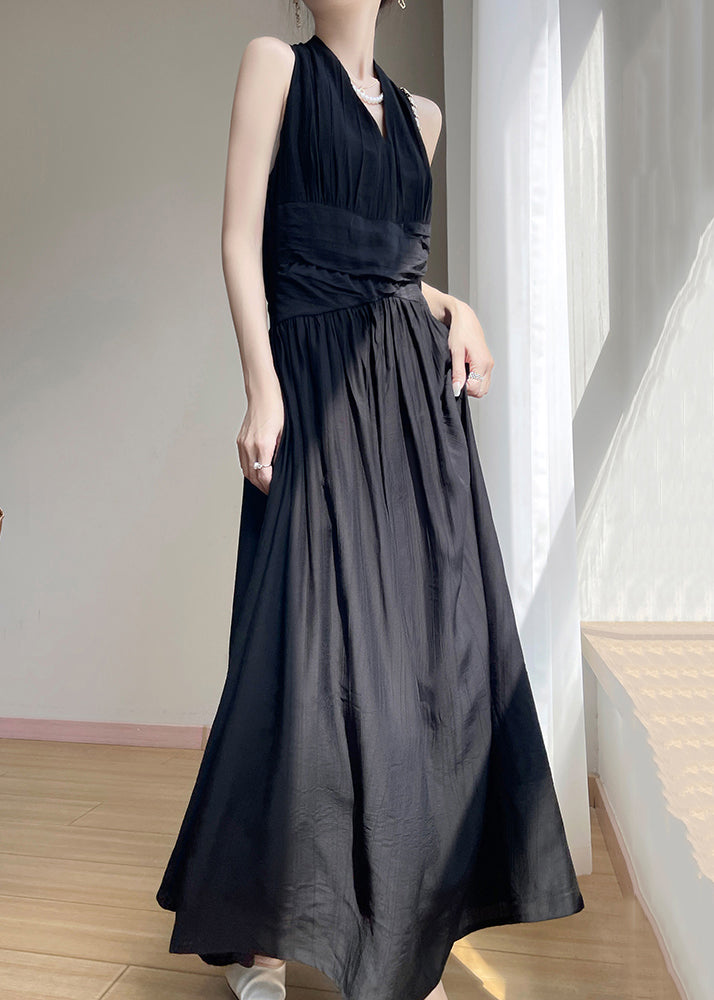 Summer Dresses Black V Neck Maxi Cotton Wrinkled Solid