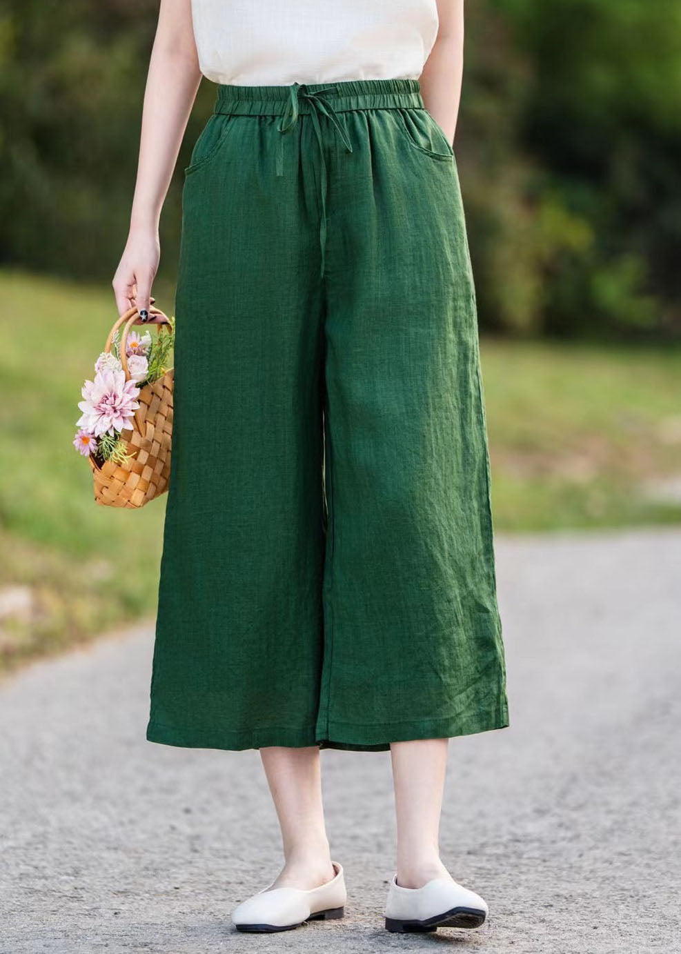 Oversized Green Blackish Summer Straight Pants Linen