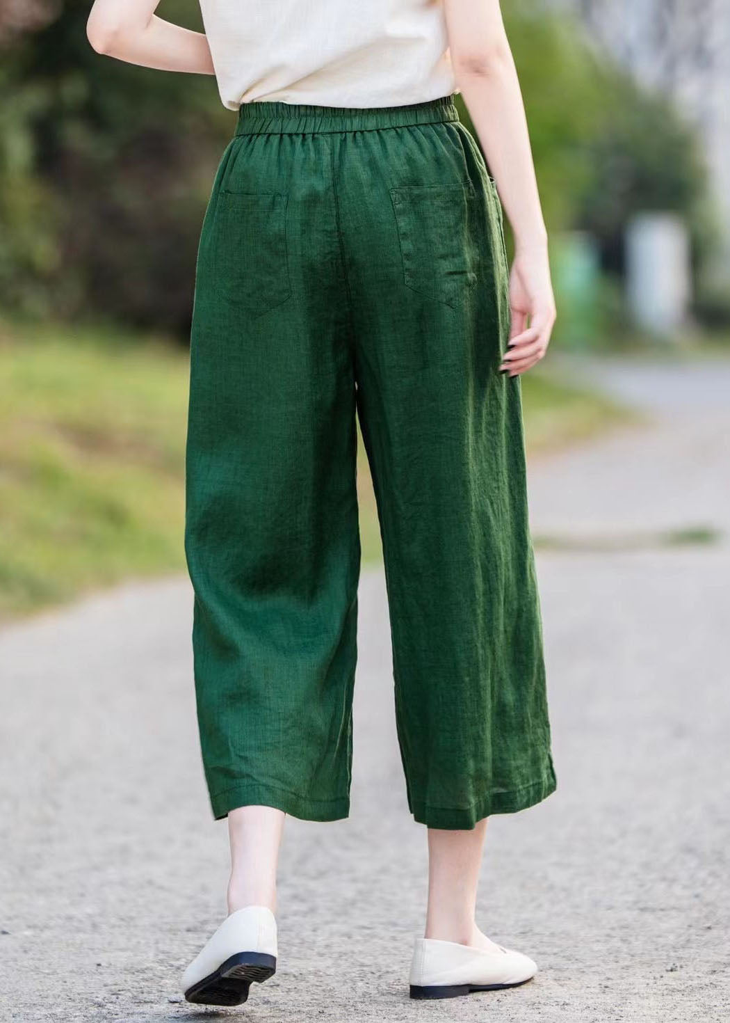 Oversized Green Blackish Summer Straight Pants Linen