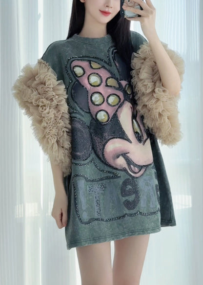 Print Patchwork Dress Tulle Summer Blackish Shirt Ruffled Green T