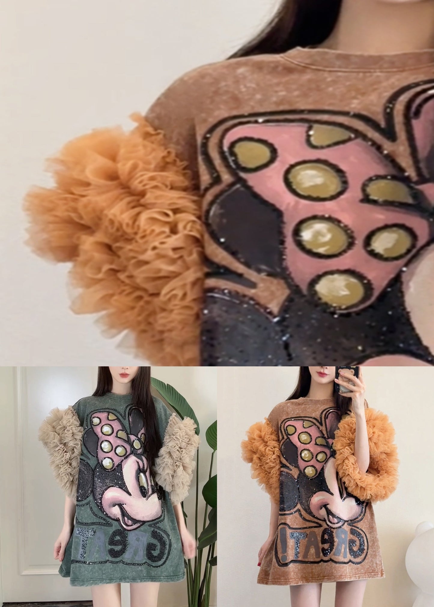 Print Patchwork Dress Tulle Summer Blackish Shirt Ruffled Green T