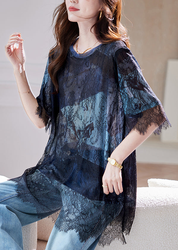 Summer Hollow Lace Out T-Shirt 2025 Patchwork Blue Black