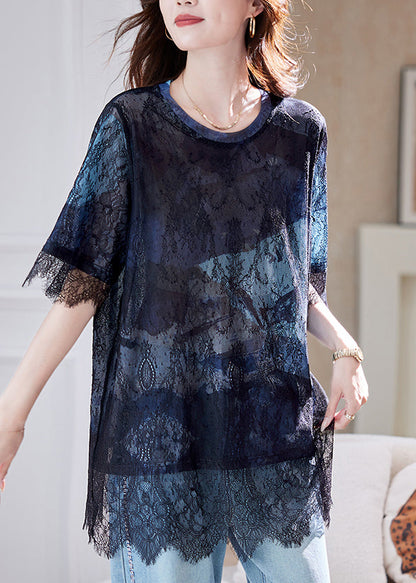 Summer Hollow Lace Out T-Shirt 2025 Patchwork Blue Black