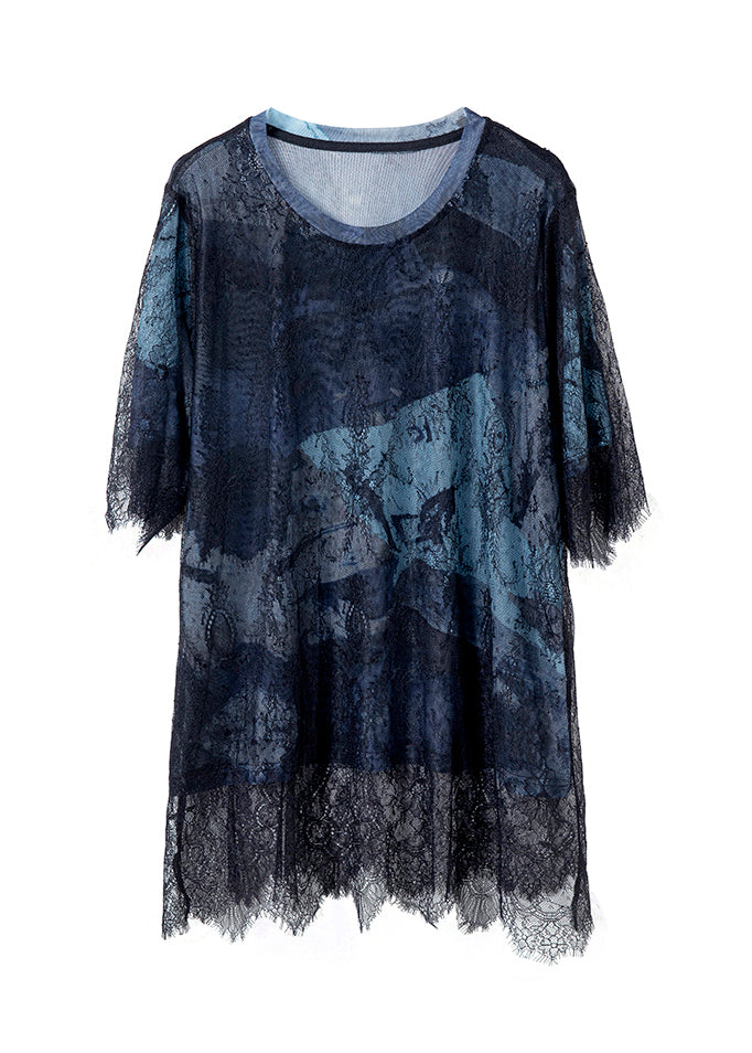 Summer Hollow Lace Out T-Shirt 2025 Patchwork Blue Black