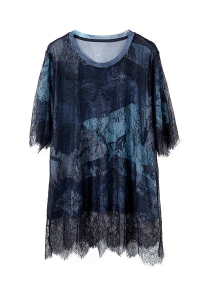 Summer Hollow Lace Out T-Shirt 2025 Patchwork Blue Black