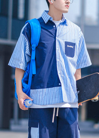 Pockets Asymmetrical Summer Men Cotton Shirts Blue Button