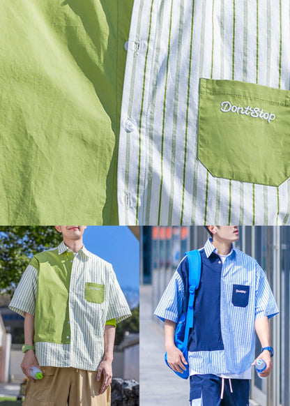 Pockets Asymmetrical Summer Men Cotton Shirts Blue Button