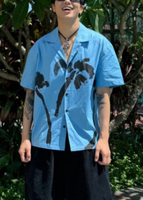 Print Collar Cotton Blue Summer Pan Peter Men Button Shirts