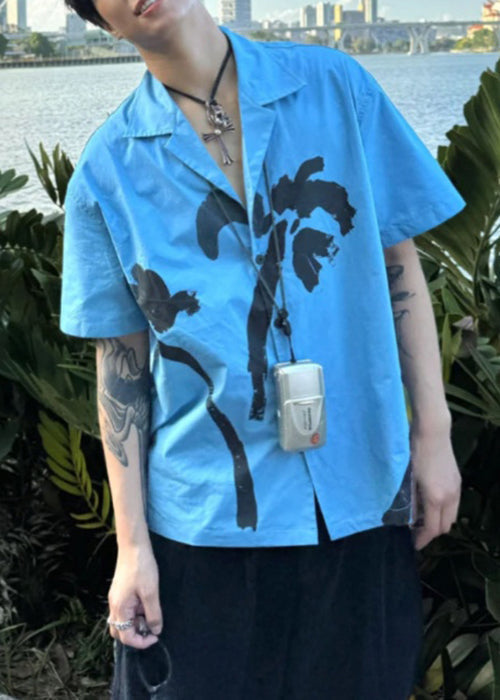 Print Collar Cotton Blue Summer Pan Peter Men Button Shirts