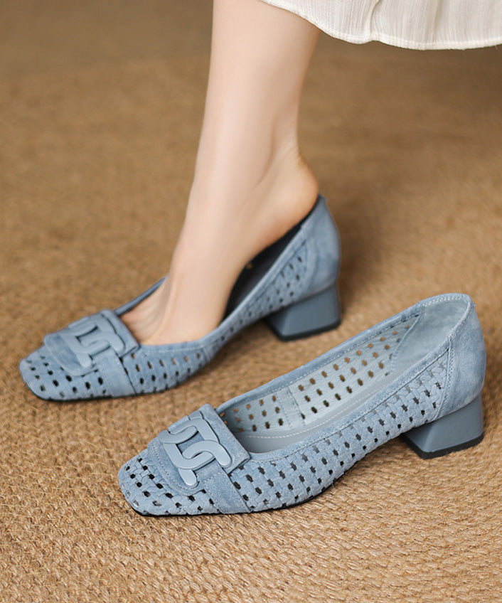Out Elegant Heels Splicing Suede Hollow Blue Chunky
