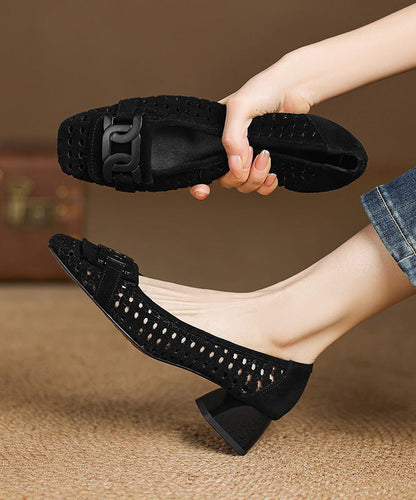 Out Elegant Heels Splicing Suede Hollow Blue Chunky