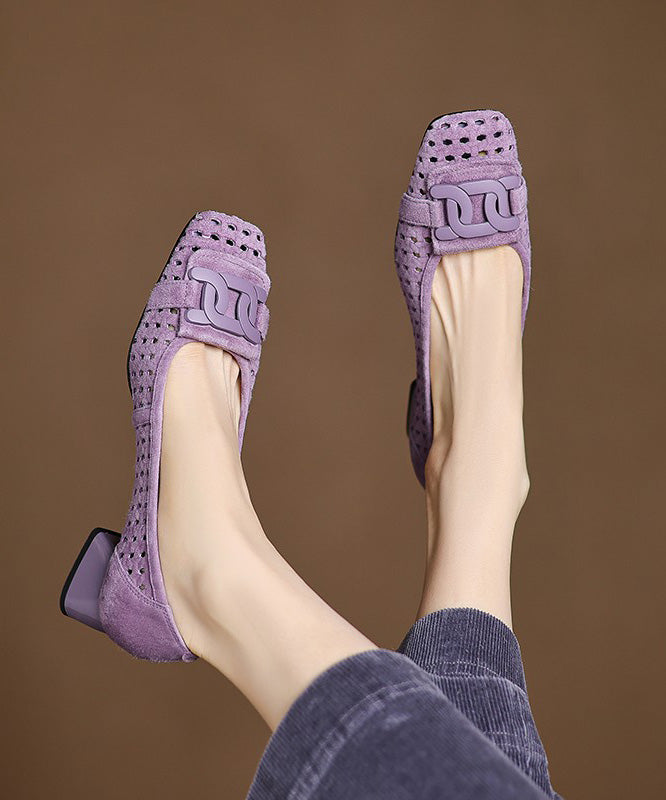 Out Elegant Heels Splicing Suede Hollow Blue Chunky