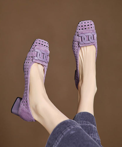 Out Elegant Heels Splicing Suede Hollow Blue Chunky