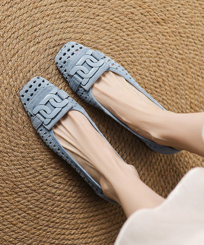 Out Elegant Heels Splicing Suede Hollow Blue Chunky