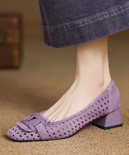 Out Elegant Heels Splicing Suede Hollow Blue Chunky