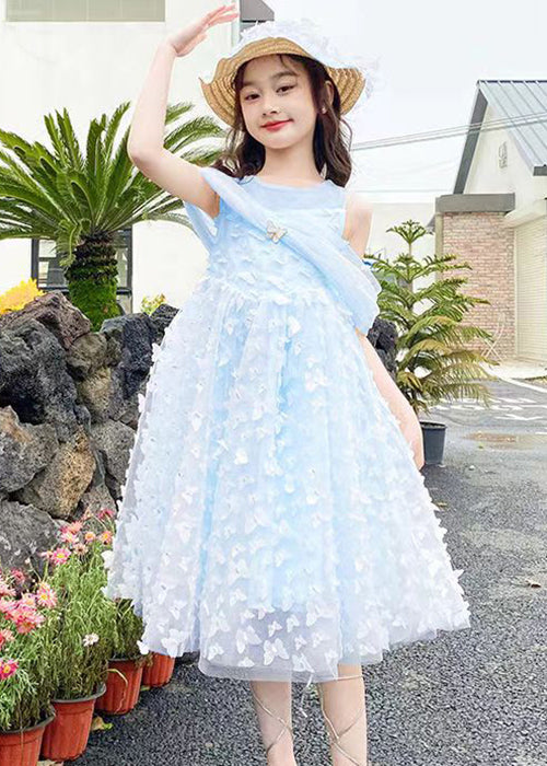 Blue Cold Shoulder Solid Tulle Girls Summer Long Dress Butterfly TT034