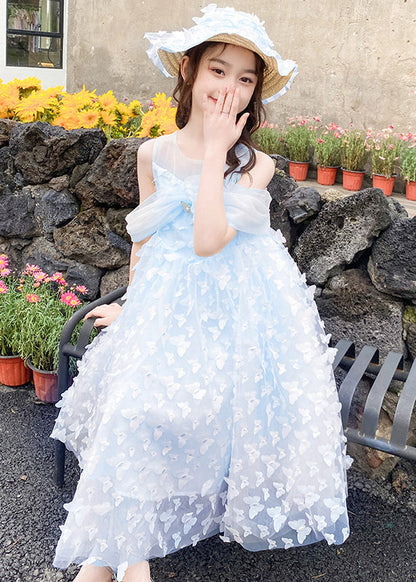 Blue Cold Shoulder Solid Tulle Girls Summer Long Dress Butterfly TT034