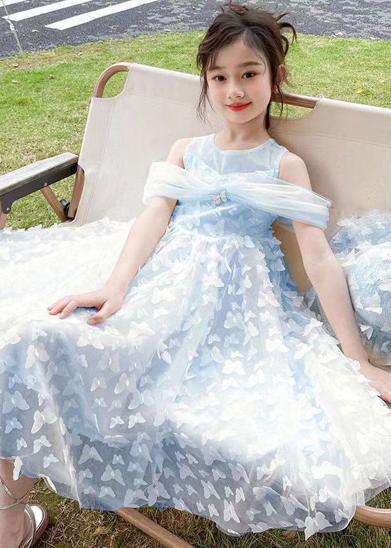 Blue Cold Shoulder Solid Tulle Girls Summer Long Dress Butterfly TT034
