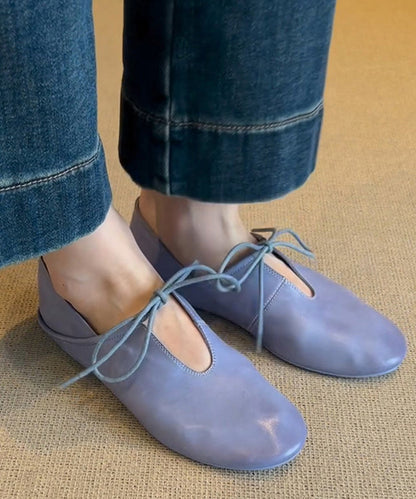 Shoes Blue Women Leather Flat Lace Cowhide Splicing Up