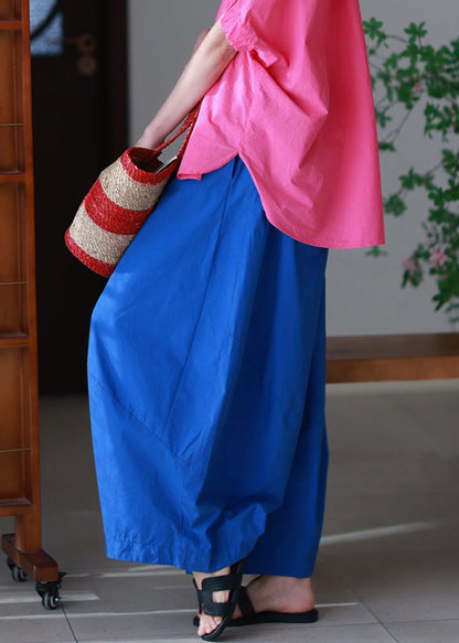 Elastic Blue Summer Loose Pockets Waist Pants Cotton