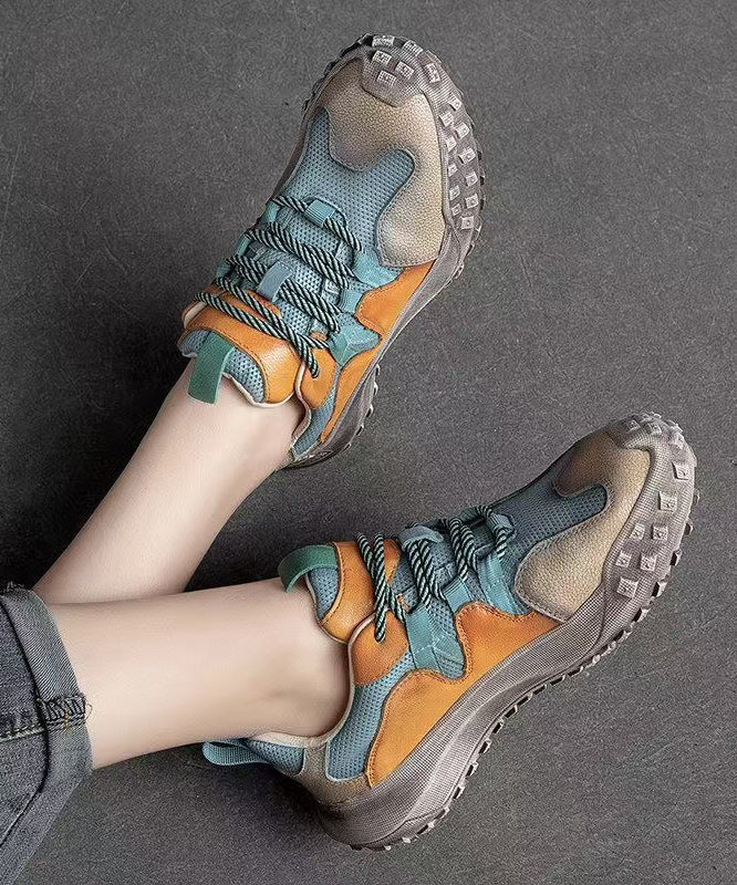 Platform Up Shoes Leather Flat Casual Splicing Blue Lace Cowhide